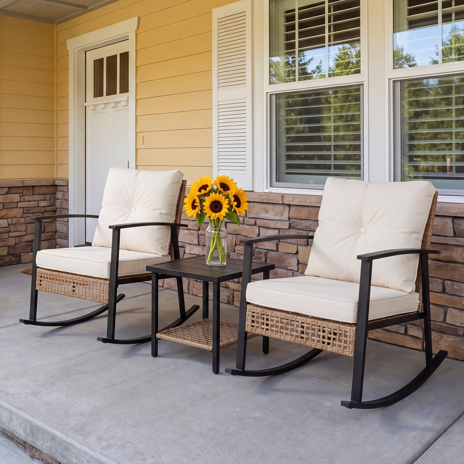 HaiCube 3 Pieces Wicker Rocking Chairs Set with 2-Tier Coffee Table, Patio Conversation Furniture Set with Cushions for Balcony, Porch, Garden, Backyard, Poolside, Beige